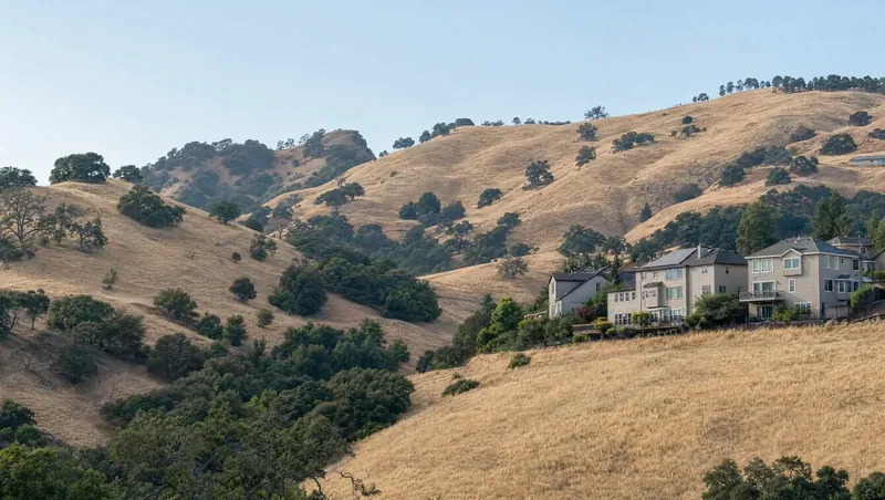 Contra Costa County, California: Golden grass hills with scattered oaks; two-story suburban homes where the houses meet the hills
