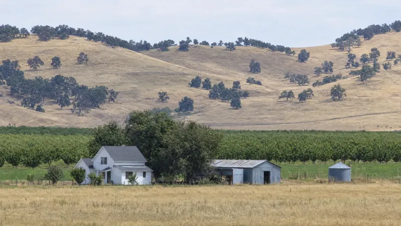Glenn County, California: Flat farmland and orchards against dry oak foothills; farmhouse with metal shed