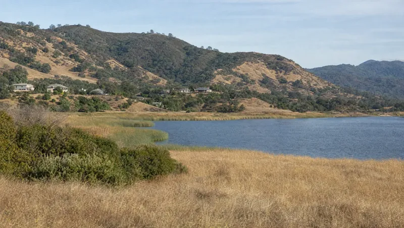 Lake County, California: Oak/chaparral hills around a big lake with reeds; modest homes on the slope above the water
