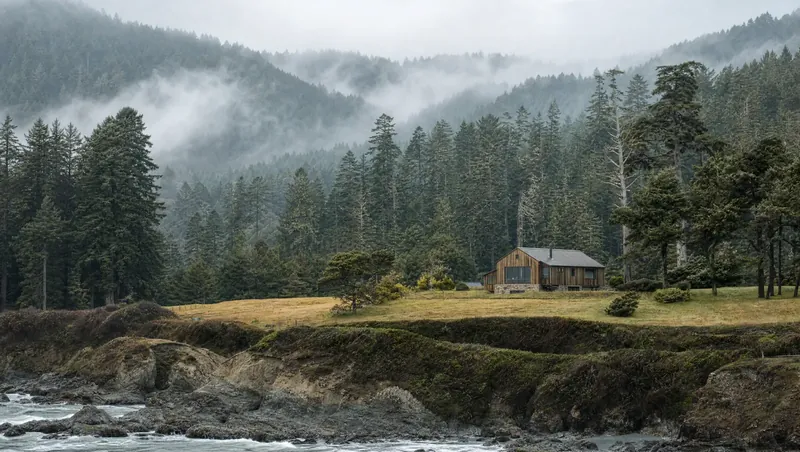 Mendocino County, California: Misty coastal conifer forest over a grassy terrace and rocky shore; wooden house in a clearing