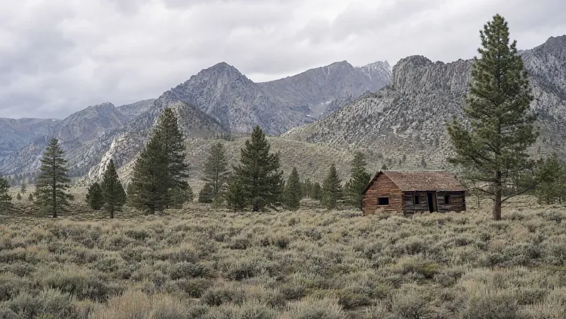 Mono County, California: Sagebrush flats with Jeffrey pines, granite mountains behind; wooden cabin