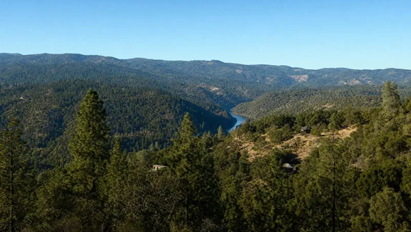 Nevada County, California: Forested Sierra Nevada foothills above a river canyon