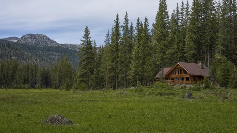 Plumas County, California: Fir and pine forest around a green mountain meadow; log-style home at the forest edge