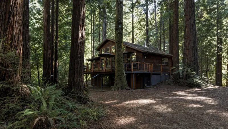 Santa Cruz County, California: Redwood forest with ferns; wooden house with a deck in a clearing among the redwoods