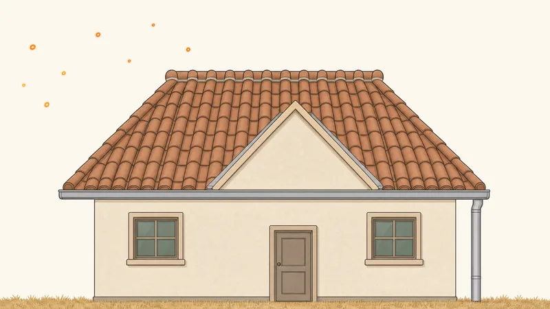 Single-story house with a clay barrel-tile roof, front view. Weak points where embers get in: 1 Eaves: bird stops; 2 Hip and ridge: mudded-in caps; 3 Valleys: metal flashing; 4 Gutters: noncombustible. Embers drift in from the upper left.
