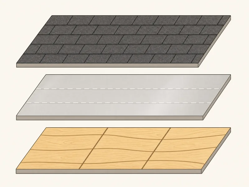Exploded roof assembly: asphalt shingle covering on top, a sheet of underlayment in the middle, the wooden roof deck at the bottom. The three are fire-tested together.