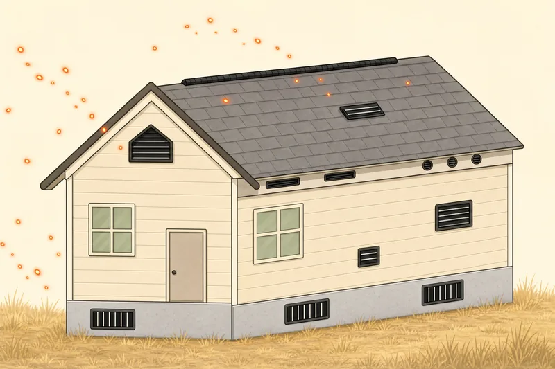 Illustration of a single-story house with wind-blown embers drifting toward it from the left. Numbered markers show the ventilation openings embers can enter: 1 gable-end vent high in the front gable, 2 foundation vents along the base of the walls, 3 enclosed eave (soffit) vents under the eave, 4 metal intake air vent on the side wall, 5 metal dryer vent on the side wall, 6 open-eave circular vents, 7 ridge vent along the roof peak, 8 off-ridge vent on the roof slope. The list next to the illustration gives the installed cost of each.