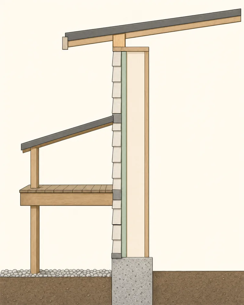 Illustrated side cutaway of an exterior wall with a covered deck, from the foundation to the roof. Lap siding runs from the top of the concrete foundation up to the roof and stops at solid wood blocking at the eave. Six-inch bands of metal flashing sit where the wall meets the ground, the deck and the lower porch roof. A layer of Type X gypsum is shown behind the siding, a small gap between two boards is circled, and a noncombustible gravel strip covers the first five feet of ground next to the wall.