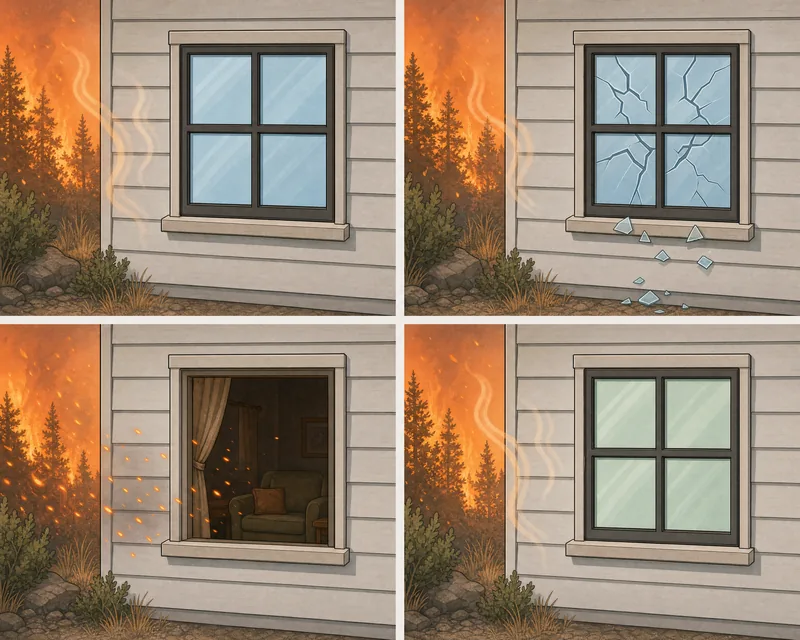 Wildfire burning beyond the corner of a house; heat shimmer drifts toward an intact window in the siding wall, no flame touching the wall