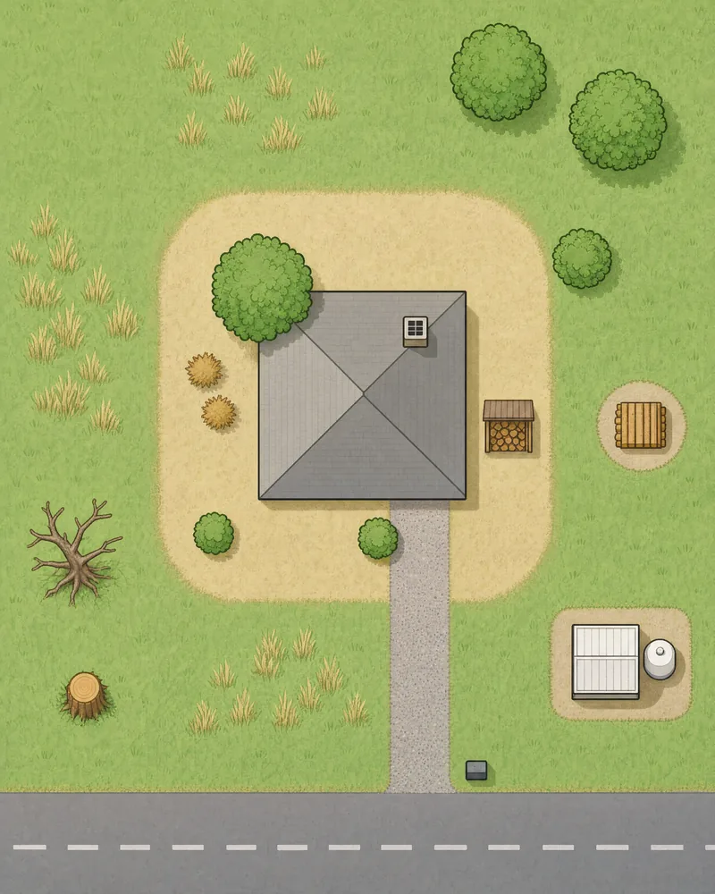 Top view of a house and lot with the LE-100a inspection points. A house in the middle of a trimmed 30-foot zone, the rest of the lot is Zone 2 out to 100 feet. Numbered points mark what the inspector checks: 1 branches near the chimney, 2 roof and gutters, 3 dead branches at the house, 4 dead plants, 5 plant spacing, 6 a wood pile inside Zone 1, 7 grass, 8 tree and shrub spacing, 9 a wood pile in Zone 2 on bare soil, 10 a dead tree, 11 a stump, 12 a shed and LPG tank with clearance, 13 address numbers at the street, 14 the chimney screen. A dashed line 5 feet around the house marks Zone 0, which is not on the form yet.