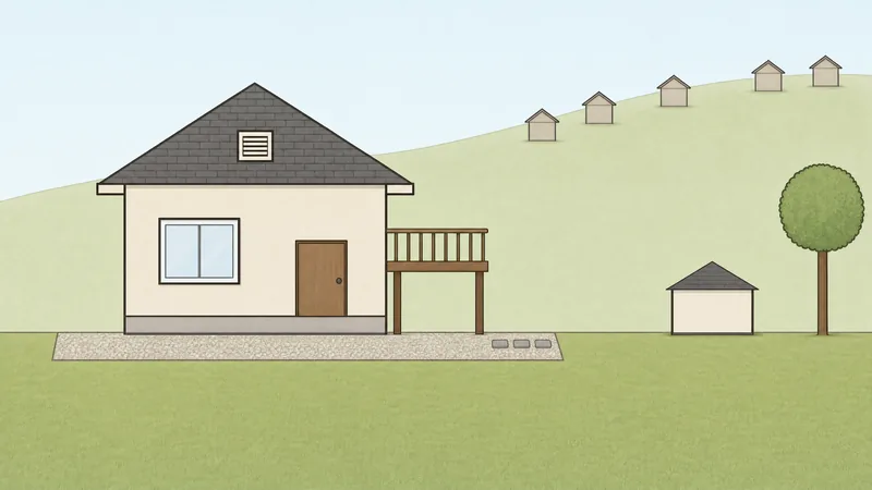 Illustration of a house and its yard with 12 numbered wildfire measures. On the house: 1 the Class-A shingle roof, 2 the enclosed eaves, 3 the attic vent, 4 the window, 5 the base of the walls. Around it: 6 the clear space under the deck, 7 and 8 the gravel strip covering the first 5 feet around the house and deck, 9 a shed 30 feet away, 10 a tree kept as defensible space. In the neighborhood on the hill behind: 11 Fire Risk Reduction Community and 12 Firewise USA site.