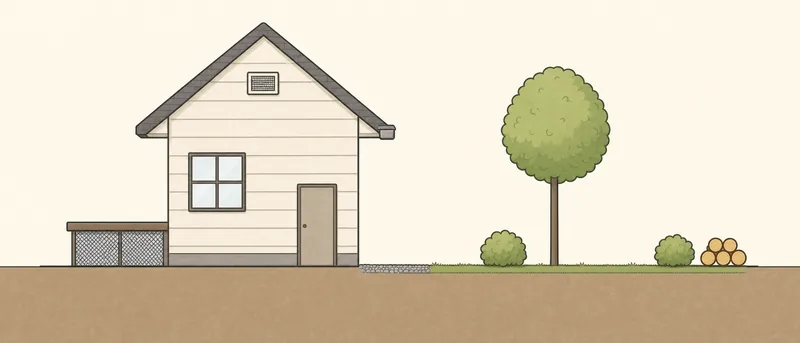 Side view of a house with a low deck and a yard ruler from 0 to 30 feet. Numbered dark markers show Base (Essential) items: Class A roof, noncombustible gutters, vents with 1/8-inch mesh, 6 inches of noncombustible material at the wall base, bare mineral soil within 0–5 feet, thinned vegetation from 5 to 30 feet with limbs at least 6 feet up, an enclosed low deck, and wood piles 30 feet away. Lettered amber markers show what Plus (Enhanced) adds: gutter covers, enclosed eaves, noncombustible siding, rated windows, rated doors and a solid noncombustible deck surface.