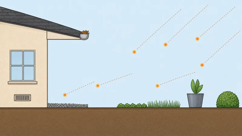 Cross-section of Zone 0: the first 5 feet from the wall. A house wall with its eave on the left. Wind-blown embers fall toward the base of the wall. Under the eave, from the wall out to the eave line, is the non-combustible safety zone with gravel, at least 1 foot deep. From there out to 5 feet is the low-combustibility band with low ground cover, lawn and a plant in a noncombustible pot. A dimension marks no vegetation within 2 feet of windows, doors, posts and vents. Zone 1 continues beyond 5 feet.