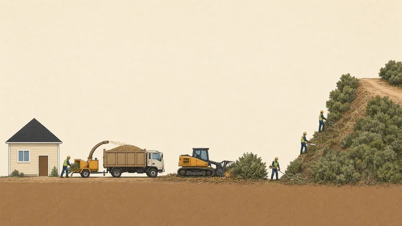 Brush clearing crew at work: a worker with a brush cutter, a tracked masticator mulching chaparral, a hand crew cutting on a steep slope, a chipper feeding a chip truck on the access road, and a cleared fuel break along the ridge