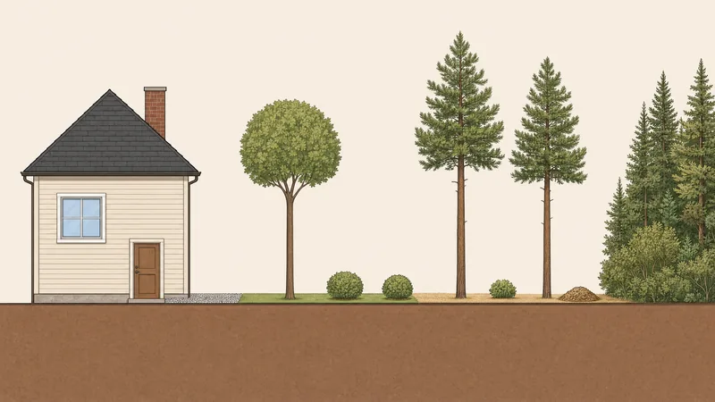 Side view of a house with defensible space: a bare gravel strip against the wall, a green lawn with a tree trimmed back from the roof and chimney and two spaced low shrubs, mowed dry grass with two limbed-up pines spaced apart and a pile of wood chips, and untouched dense brush beyond
