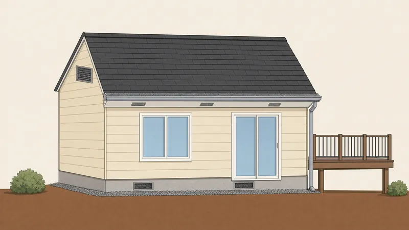 Three-quarter view of a hardened single-story house: a Class A shingle roof, a mesh-covered attic vent in the gable, a gutter with a metal gutter guard and drip-edge flashing, a boxed eave with screened soffit vents, lap siding, a large window and a sliding glass door, mesh-covered crawlspace vents, a gravel strip along the walls and a raised deck with a metal railing