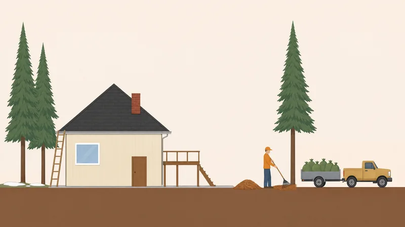 Side view of a cabin lot in a pine forest: patches of melting snow under two pines, a ladder at a clean roof gutter, a needle-free gravel strip under the deck and around its stairs, a worker raking a pine needle mat into a pile, and a trailer of yard-waste bags hitched to a pickup