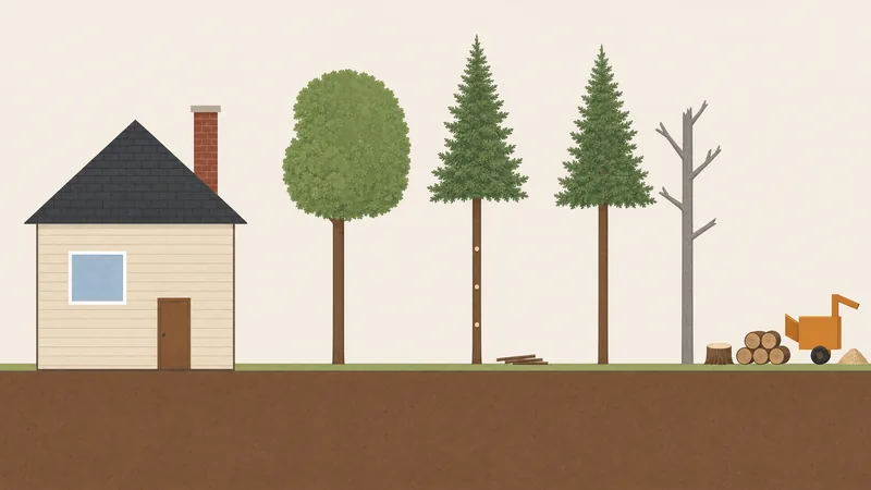 Side view of a house yard after tree work: a broadleaf tree pruned back from the chimney, a pine limbed up with cut branches at its base, a second pine spaced apart with a gap between the crowns, a dead leafless hazard tree, and a fresh stump, stacked logs and a wood chipper with a pile of chips