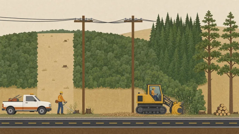 Side view of vegetation management work: on the hillside behind, a wide bare fuel break cuts through continuous dense brush next to a dense unthinned conifer stand; in front, a crew pickup and a worker trimming regrowth around old stumps, power poles with a cleared strip under the lines, a tracked masticator grinding into brush with a carpet of wood chips behind it, and thinned pines with cut stumps and a stack of logs, all beside a paved road with a cleared shoulder