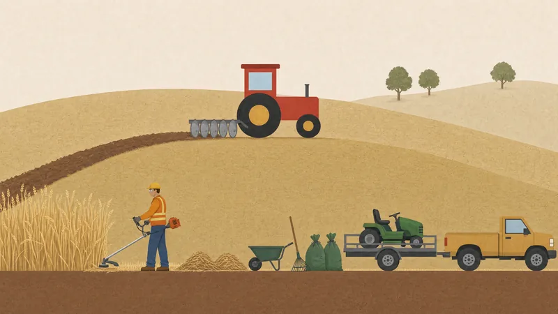 Side view of a crew clearing dry grass before fire season: a worker string-trimming tall dry grass, raked piles of cut grass with a wheelbarrow, rake and yard-waste bags on the mowed lot, a tractor pulling a disc harrow along a bare firebreak on the hill behind, and a pickup towing a trailer with a riding mower